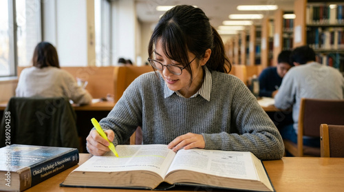 Focused Asian Female Student Highlighting Textbook while Studying for Exams in College Library