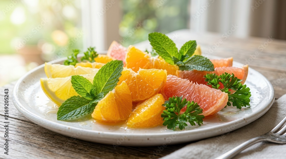 Fototapeta premium Vibrant citrus slices of lemon, orange, and grapefruit garnished with fresh mint and parsley on a white plate.
