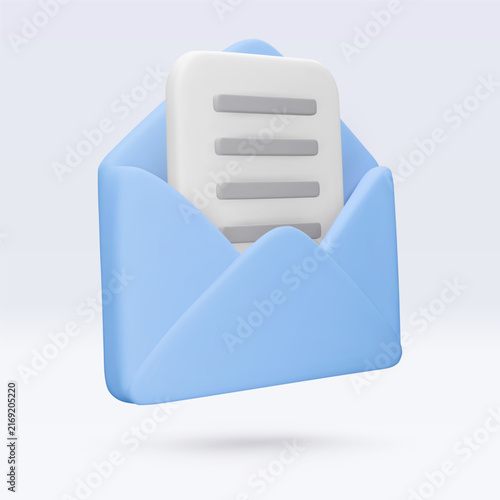 Vector 3d blue envelope icon and document isolated on white. Message, mail, open mail, newsletter subscriptions, business documents, email. Render illustration for banner, web, social media, app