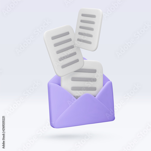 vector 3d purple envelope icon and documents isolated on white. Message, mail, open mail, newsletter subscriptions, business documents, email. Render illustration for banner, web, social media, app