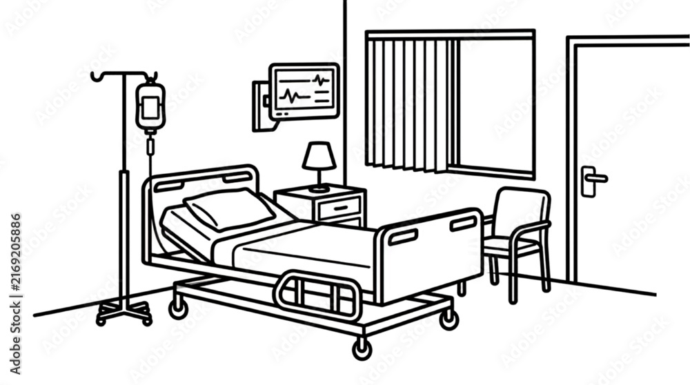 Fototapeta premium Hospital Bed Room Layout Clean Line Vector Architectural Elements