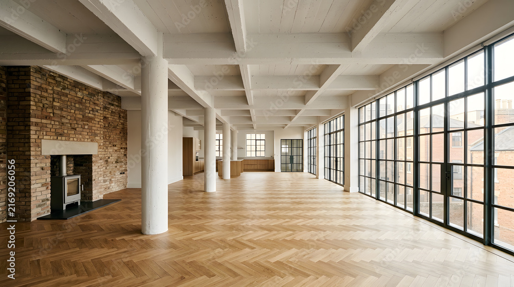 Obraz premium Industrial loft apartment with herringbone flooring | Modern open plan interior with exposed brick wall | Spacious empty penthouse with large factory windows | Luxury real estate interior design