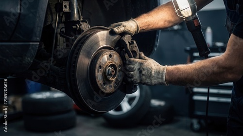 Professional auto mechanic installing a new car front brake caliper and brake pads.