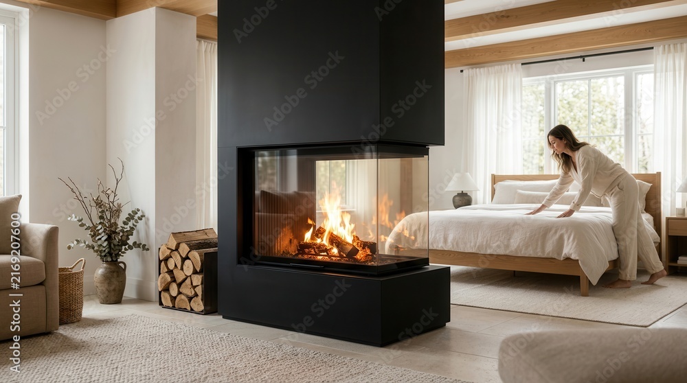 Naklejka premium Modern dual-sided fireplace warming a cozy bedroom with neutral tones and natural light.