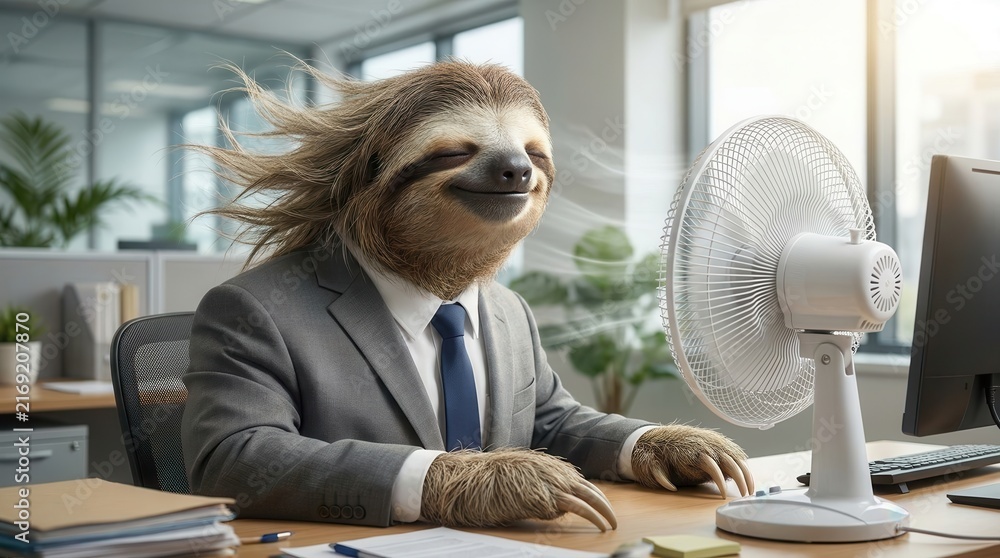 Naklejka premium Funny anthropomorphic sloth in a business suit cooling off with a white desk fan.