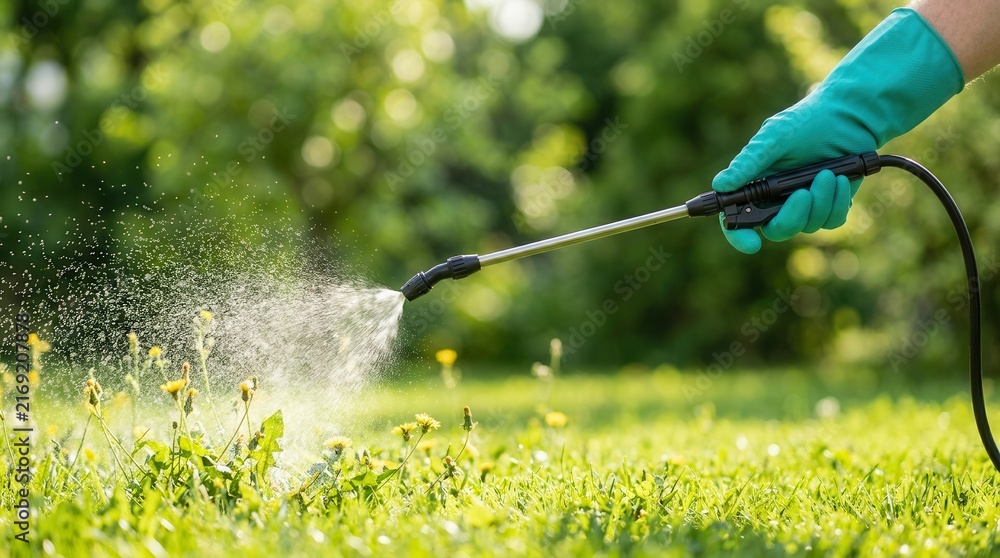 Obraz premium A gardener using a handheld sprayer to treat weeds in a green lawn.