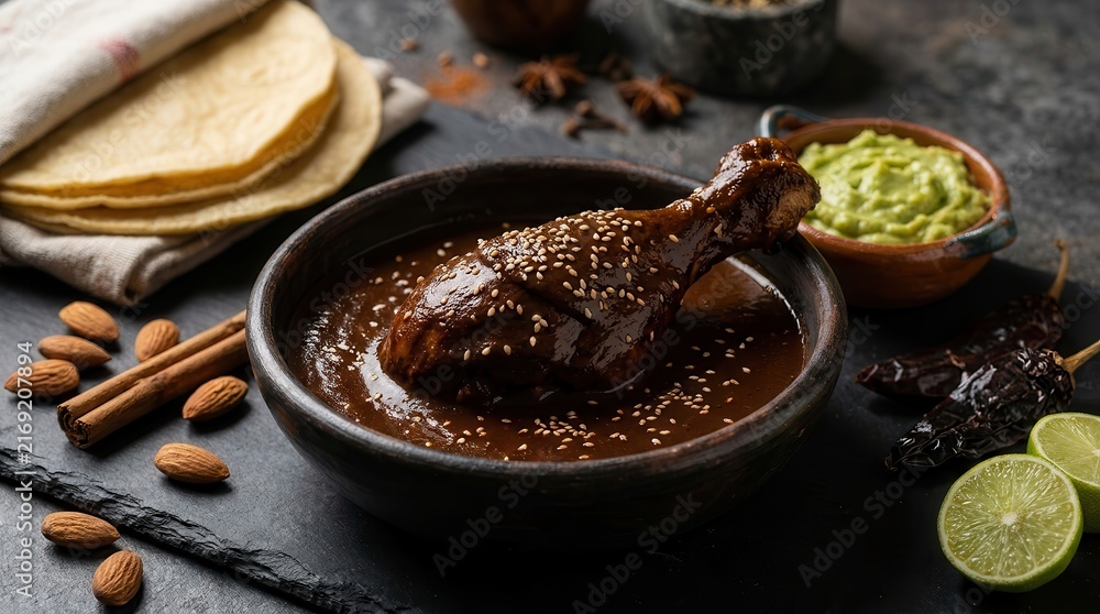 Fototapeta premium Authentic artisan spicy chicken mole poblano served in a dark design bowl with avocado guacamole and fresh tortillas.