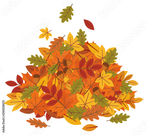 Pile of fallen autumn leaves and acorns in cartoon style.