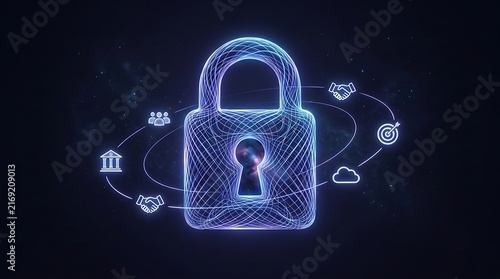 Digital padlock with security icons and network connections for data protection