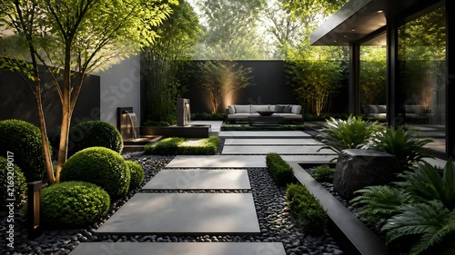 Luxury rooftop garden, modern planters, green plants, city skyline, elegant outdoor seating, golden hour lighting, high detail