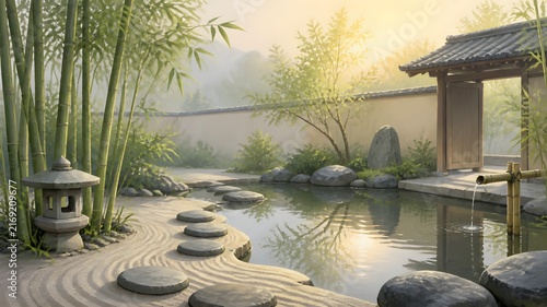 Japanese zen garden, smooth rocks, bamboo plants, small pond, minimalist landscape, soft morning light, serene atmosphere.