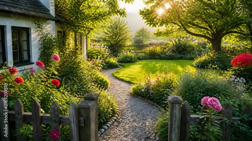 Beautiful cottage garden, colorful flowers, green lawn, wooden fence, charming pathway, warm sunlight, realistic stock photography