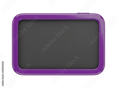 A sleek purple digital tablet with a blank dark screen isolated on white