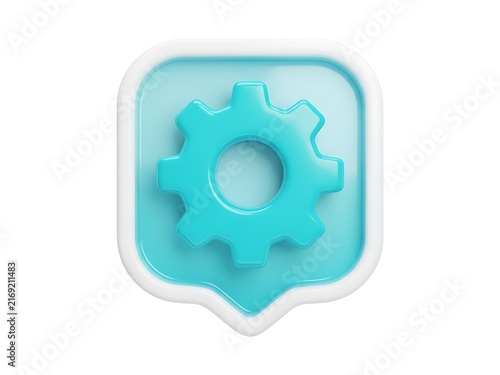 A glossy 3d rendered gear icon set within a soft blue speech bubble frame