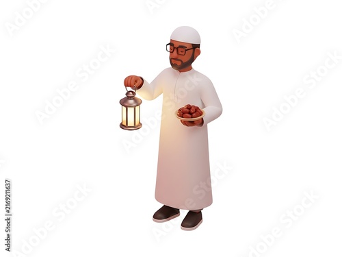 A 3d rendered muslim man holding a glowing lantern and a plate of dates