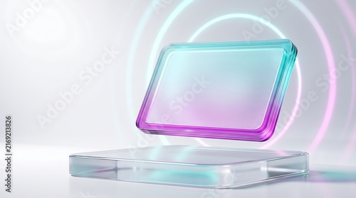 Transparent floating card with colorful neon rings