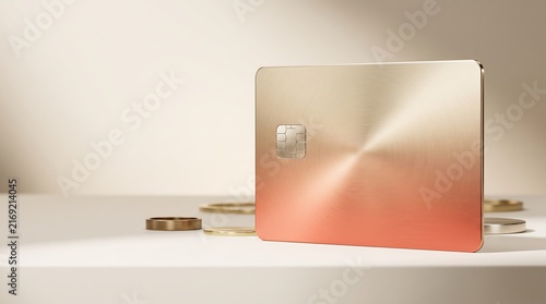 Rose gold metallic payment card with coins on a soft background