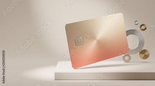 Rose gold payment card floating above a minimalist display pedestal