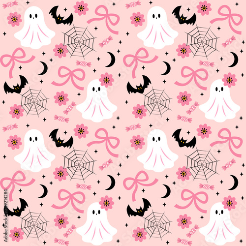 Cute pink Halloween seamless pattern with ghost, bats, bows, and flowers