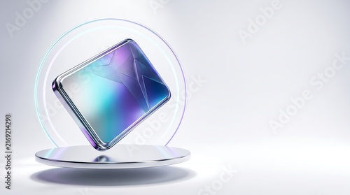 Abstract holographic technology card floating above a modern platform