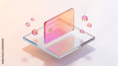 Transparent pink payment card with circuit pattern and floating cubes
