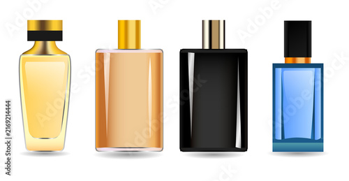 Obraz na plátně Luxury perfume bottles in various colors and shapes on transparent background