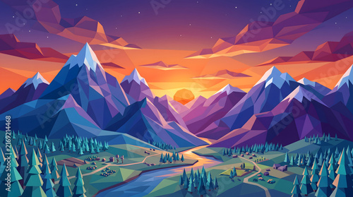 Plakat Low poly geometric mountain landscape sunset