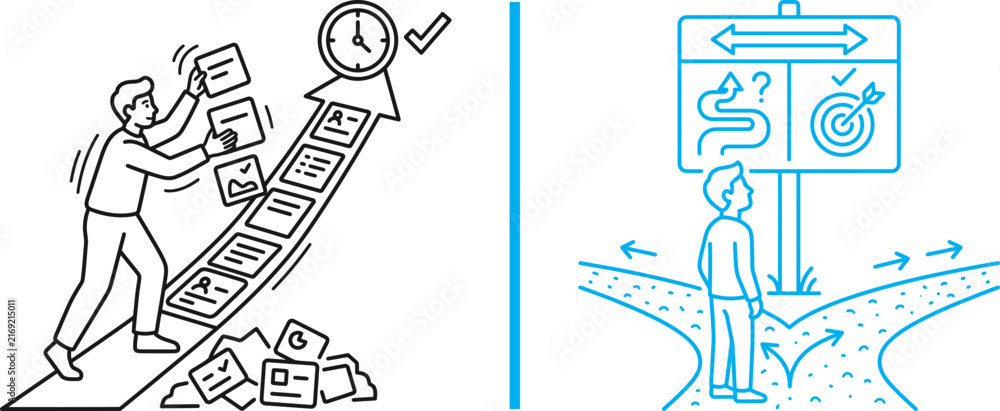 Fototapeta premium Line art illustration of time management and decision making for business productivity and strategic planning