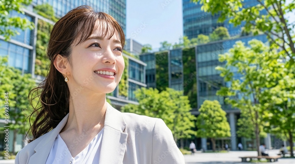 Fototapeta premium 緑豊かなオフィス街の屋外で爽やかな笑顔を見せる女性会社員