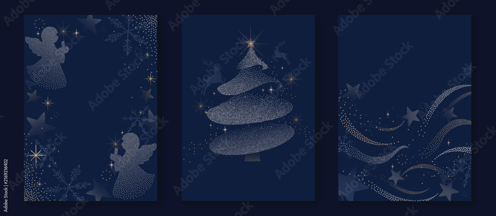 Fototapeta premium Merry Christmas and Happy New Year background set. Luxury navy blue vector templates with angels, sparkling Christmas tree, stars and festive decorations with copy space for holiday greetings.