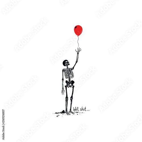 Minimal skeleton holding a red balloon illustration.