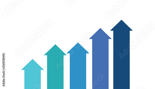 Business growth bar chart represented by five blue upward arrows of increasing height on white background.