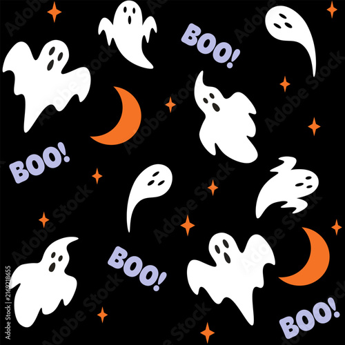 Seamless Halloween pattern with cute ghosts and moons on black background