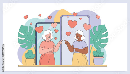 Two diverse women connecting virtually on mobile smartphone screens surrounded by floating pink cartoon love hearts.