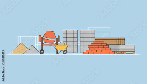Building materials including concrete mixer, a wheelbarrow, piles of sand, and bricks for construction project.