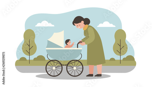 Mother walking in a public park pushing newborn baby in a classical vintage stroller under blue sky with clouds.
