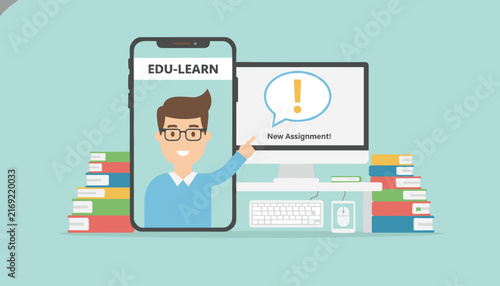 Online education platform showing a digital tutor on a mobile app pointing to new assignment alert on desktop.