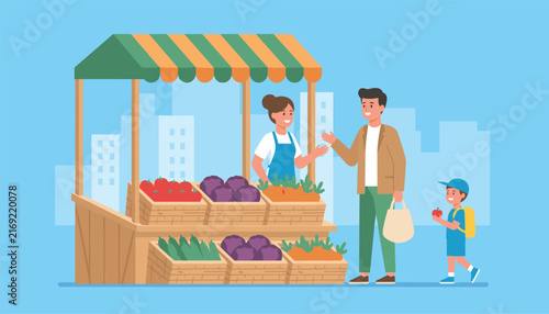 Friendly vendor selling fresh organic vegetables to a father and his young son at a local outdoor market stall.