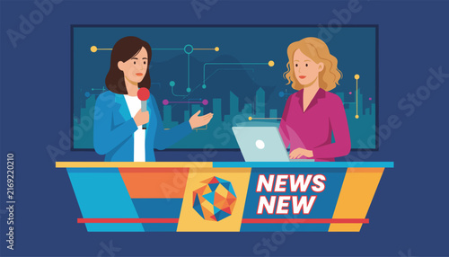 Two professional female news anchors presenting the evening news report from a modern television news studio desk.