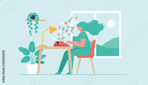 Creative female author typing on a vintage red typewriter at her desk with colorful alphabet letters flying out.