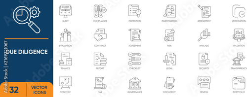 Due Diligence Icon Set. Containing Legal, Contract, Checklist, Audit, Inspection, Review, verify and more. Editable vector Line icons collection