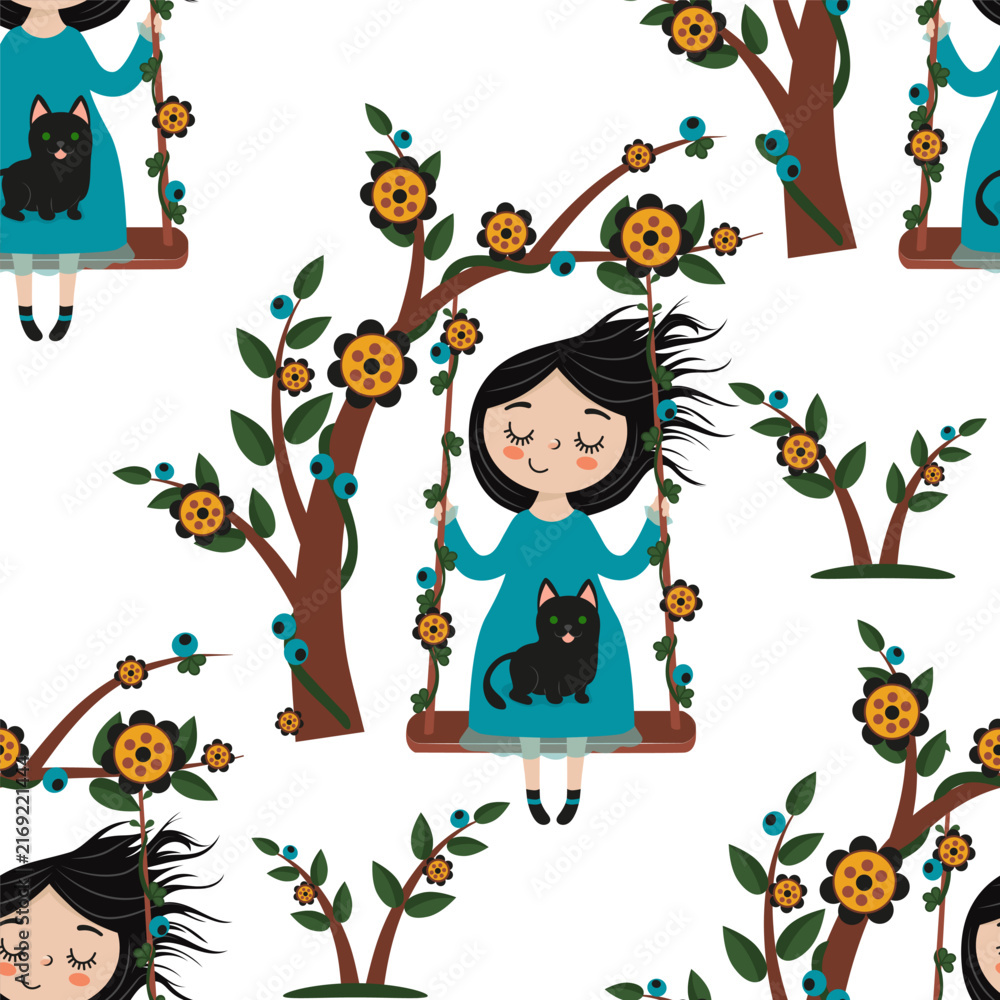 Naklejka premium Seamless children's pattern featuring girls on swings, black cats, flowering trees, leaves and berries on a clean white background