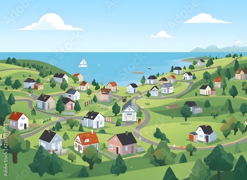 Quiet Coastal Village with Sea and Winding Streets