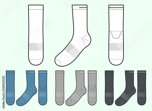 Crew socks technical flat sketch vector illustration athletic sport footwear CAD template