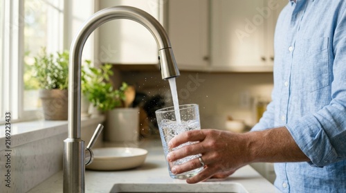 A man in a light blue button up shirt fills a clear glass with running water from a modern kitchen faucet