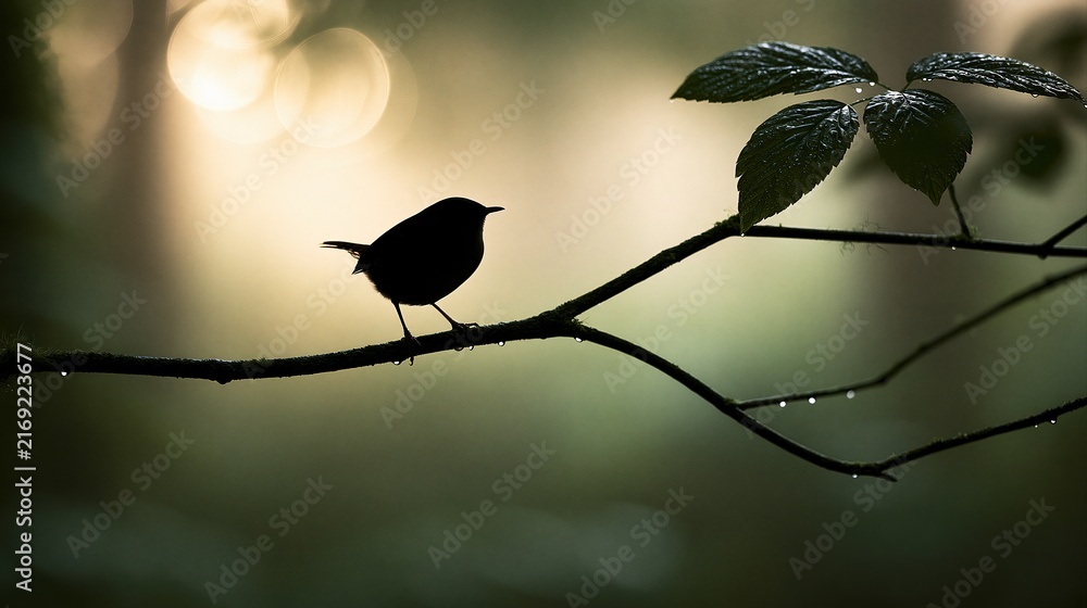 Naklejka premium Silhouette wren bird perched on wet branch at dawn