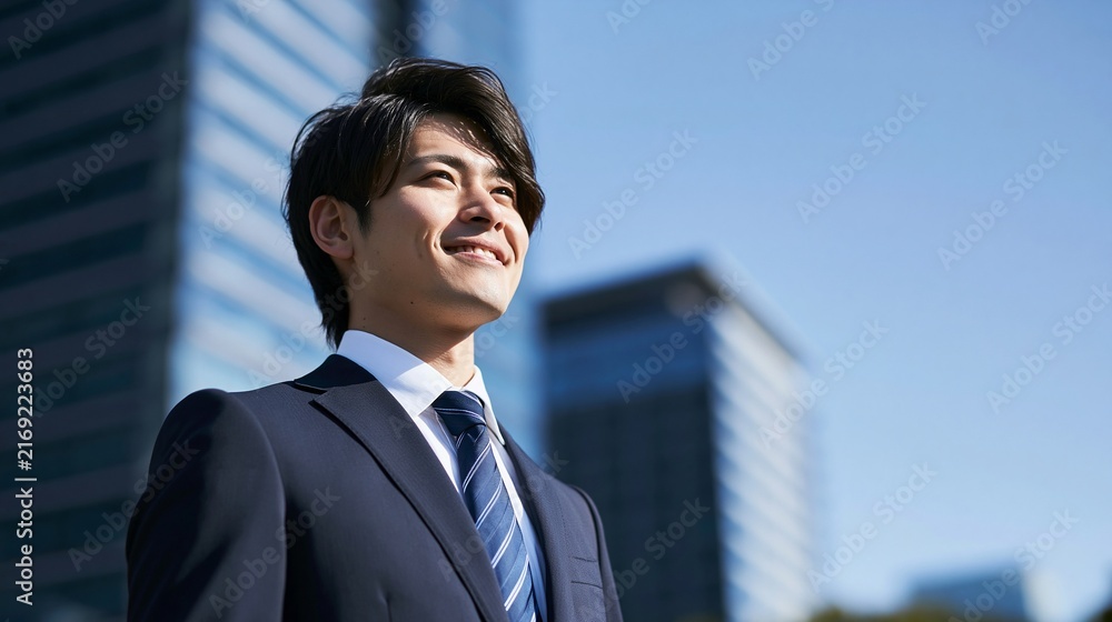 Fototapeta premium 都会の青空と高層ビルを背景に自信あふれる笑顔を浮かべる男性社員