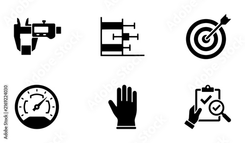 Industrial Measurement Icons: Caliper, Gauge, Target, Glove, Checklist, Quality Control Vector Set