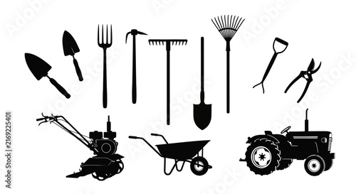 Gardening tools and equipment silhouettes on white background with black silhouettes various pruning shears wheelbarrow cultivator tractor with symbols
