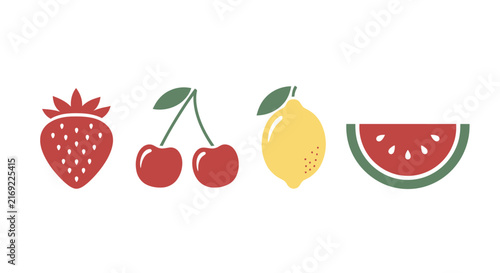 Colorful illustration of various fresh fruits on white background with simple graphic illustration strawberry strawberry cherries lemon watermelon